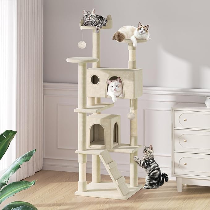 MoNiBloom 77 Inch Cat Tree Tower for Indoor Cats Large Adults, Tall Cat Tower with Scratching Post, Multi-Level Furniture Activity Center with Cat Condo Pet Play House, Beige