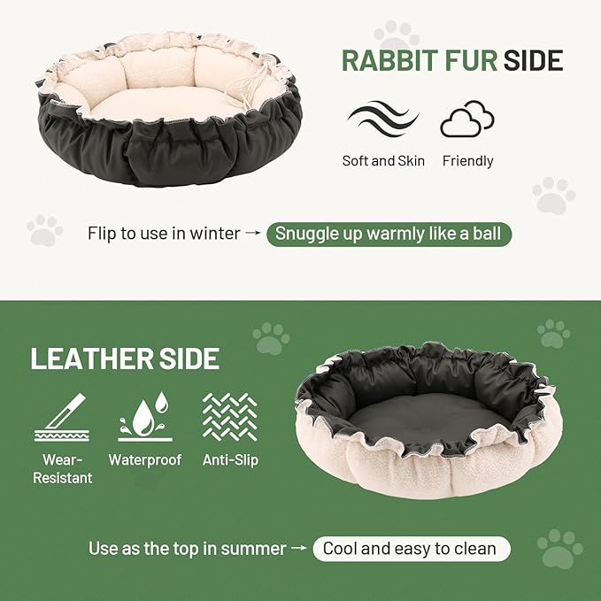 20.8Inch Cat Bed for Indoor Cats, 2-Sided Reversible Pet Bed, Adjustable Drawstring Kitten Bed, Small Dog Beds and Furniture for Puppy, Kitty, with Black Water-Resistant Anti-Slip Bottom