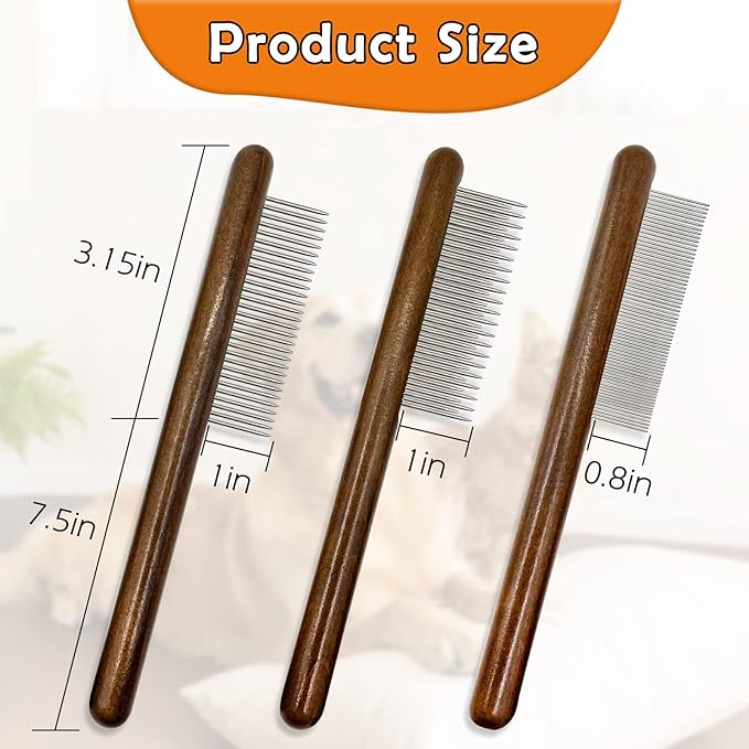 3 Pack Solid Wood Cat Combs, Stainless Steel Teeth for Cat Dog Rabbit Massage, Flea Lice Comb Removes Mats, Tangles and Loose Fur, Grooming Comb for Small Medium Pets