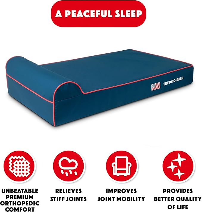 The Dog’s Bed Orthopedic Headrest Dog Bed XL Blue Oxford with Red Trim US Flag, Memory Foam, Hip & Elbow Dysplasia, Post Surgery, Lameness, Waterproof Washable Cover