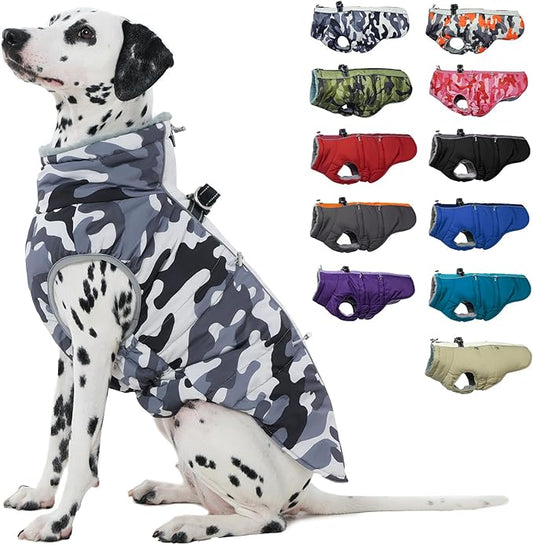 Dog Coat for Large Dogs, Dog Winter Jacket-X Large Warm Dog Coat with Harness Reflective Dog Vest Water-Resistant Dog Snowsuit Dog Snow Jacket for Large Dogs Beagle, Corgi, Grey-Camouflage