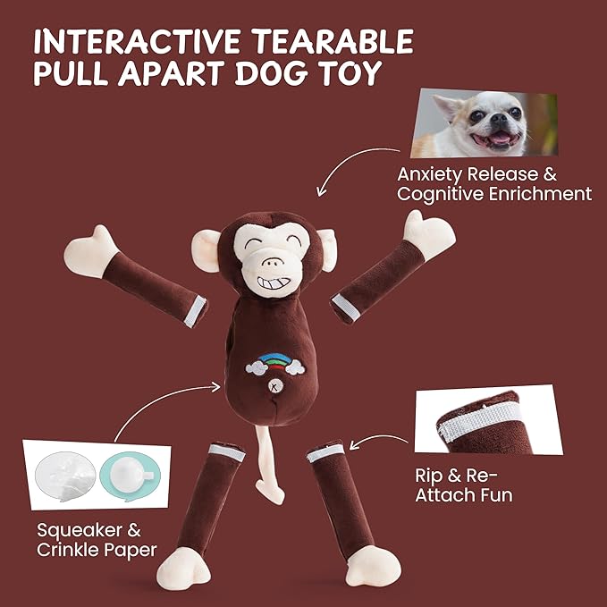 Nocciola Tearable Pull Rip Apart Monkey Dog Toy with Squeaker & Crinkle - Interactive Stuffed Plush Toy to Keep Dogs Busy, Pet Puzzle Enrichment Chew Toys for Small Medium Large Breeds
