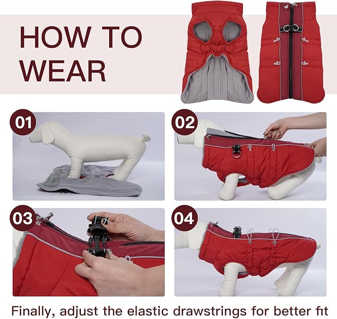 Dog Winter Jacket - XX Large, Warm Zip Up Snowsuit Dog Harness Vest, Reflective, Water-Resistant, Red