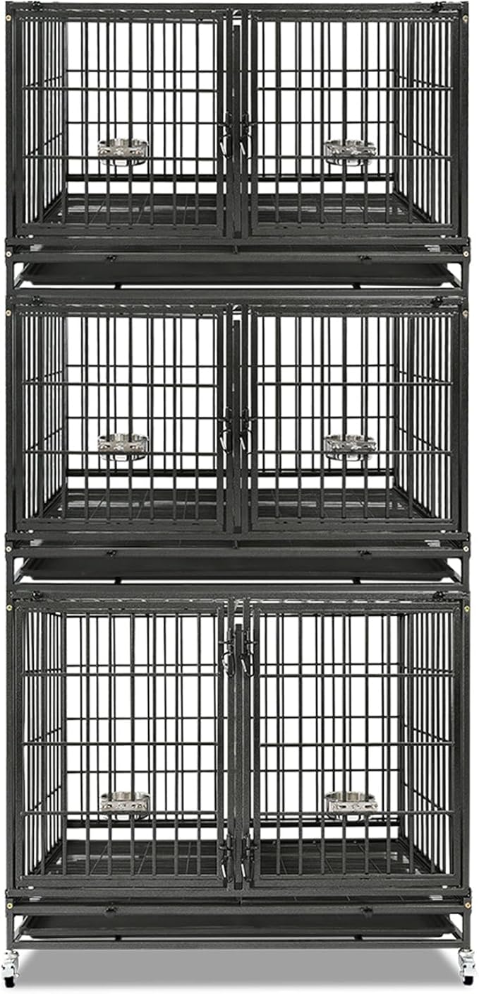 Homey Pet 43 Inch Stackable Heavy Duty Dog Crate Cage Kennel with Lockable Wheels, Removable Tray & Grid, Divider, Feeding Bowls, Escape Proof Drop Cage Bank for Small Medium Large Sized Dogs(3 Tiers)