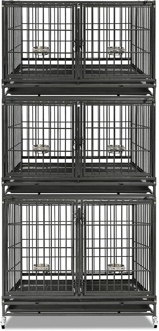 Homey Pet 43 Inch Stackable Heavy Duty Dog Crate Cage Kennel with Lockable Wheels, Removable Tray & Grid, Divider, Feeding Bowls, Escape Proof Drop Cage Bank for Small Medium Large Sized Dogs(3 Tiers)