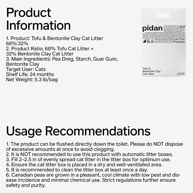 pidan Mix Cat Litter,Tofu Cat Litter with Bentonite,Absorbent and Fast Drying,Flushable Tofu Litter,Selected Quality Pea Dregs,5-Fold Water Absorption,Strong Clumping (5.3lb/Bag×1bag)