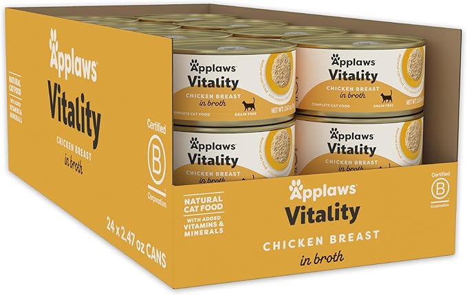 Applaws Vitality Wet Cat Food in Broth, Natural Cat Food with Added Vitamins & Minerals, Grain-Free, Carrageenan Free, Chicken Breast in Broth (24 Count, 2.47 oz Cans)
