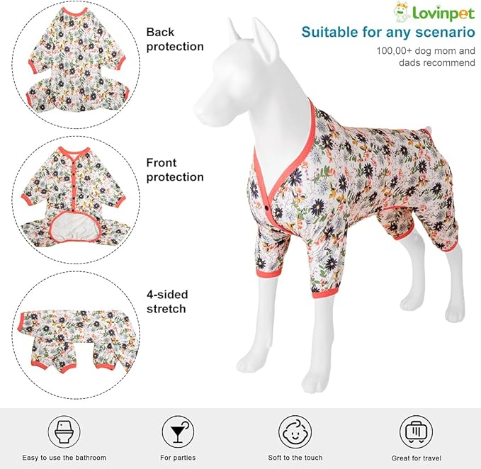 LovinPet Extra Large Dog Body Suit - Pet Anxiety Relief Shirt, Anti Licking Dog Onesie, Lightweight Fabric, Snapdragon Print, Pjs for Large Dogs, Dog Clothes for Pitbull,3XL