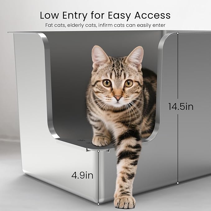 Stainless Steel Litter Box 14.5" High-Side, XL Metal Cat Litter Box, Corner Opening Entry Pet Toilet, Cat Litter Pan with Wheels, Easy to Move, Non-Stick, No Odor, for Big or Multiple Cats