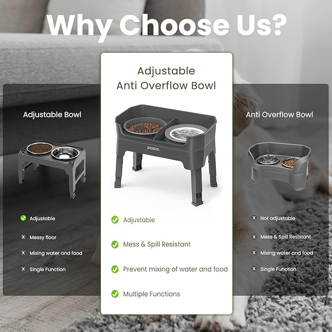 4-in-1 Elevated Slow Feeder Dog Bowls, 4 Height Adjustable Mess Proof Raised Dog Bowl Stand with No Spill Water Bowl, Stainless Steel Doggy Food Dish & Slow Feeder for Large Medium Small Pets