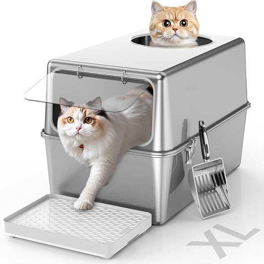Enclosed Stainless Steel Litter Box with Lid, Enclosed Metal with High Sides, Large Cat Litter Box, Dog-Proof, Odor Control, Easy to Clean,Durable with Round Edge (Front Entry)