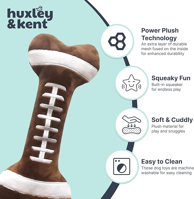 Huxley & Kent Funny Dog Toy w/Squeaker – Power Plush Squeaky Dog Toys for Small, Medium & Large Dogs – Soft Stuffed Animal for Indoor Play & Fetch - Football Bone, Large