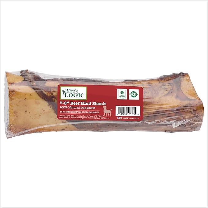 Nature's Logic Beef Hind Shank Bone - 7-8'' Long Chew - Collagen & Protein Source for Dog Dental Health & Occupation - Carnivore Appropriate Recreational Chewing & Dental Care - Large Hind Shank