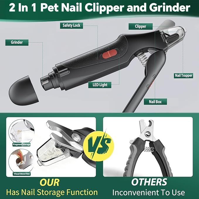 2 in 1 Dog Nail Clippers and Grinder with Lights & Cat Nail Clipper for Large Medium Small Dogs Cats Nail Trimmers USB Rechargeable with 2 LED Lights Dog Claw Care for Non-Black Nails