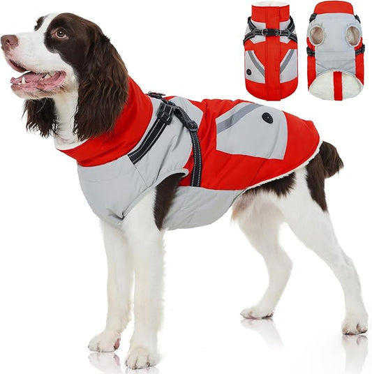 FUAMEY Dog Winter Jackets for Large Dogs,Dog Coat with Harness Built in,Waterproof Dogs Snowsuits Warm Pet Jacket Zip Up Fleece Cold Weather Coats Reflective Puppy Vest with Pocket Red XL