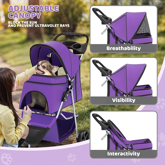 Magshion 3-Wheel Pet Stroller, Foldable Travel Jogger for Small & Medium Dogs & Cats (Up to 33lbs), Lightweight Carrier with Breathable Mesh Cover, Cup Holder & Storage Basket, Purple