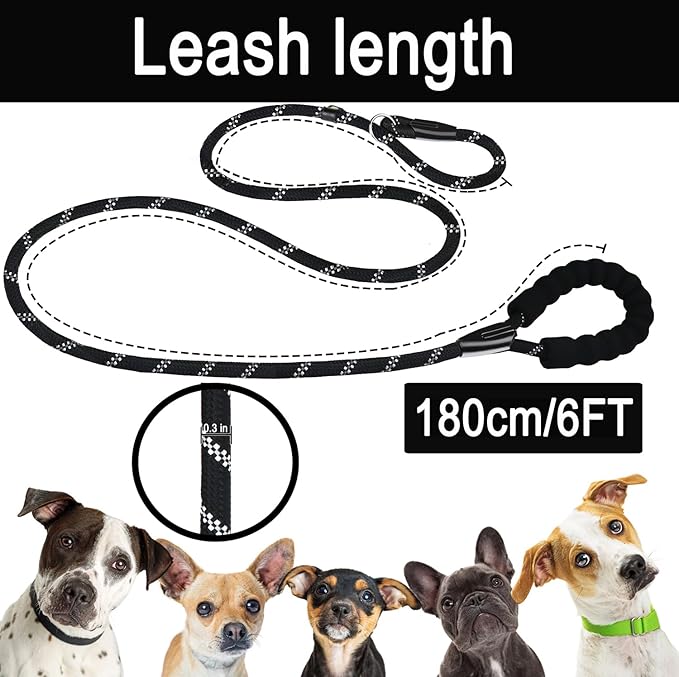 6 FT Heavy Duty Dog Leash, Premium Quality Strong Training Rope Slip Leash with Comfortable Padded Handle and Highly Reflective Threads for Small Medium and Large Dogs- Black