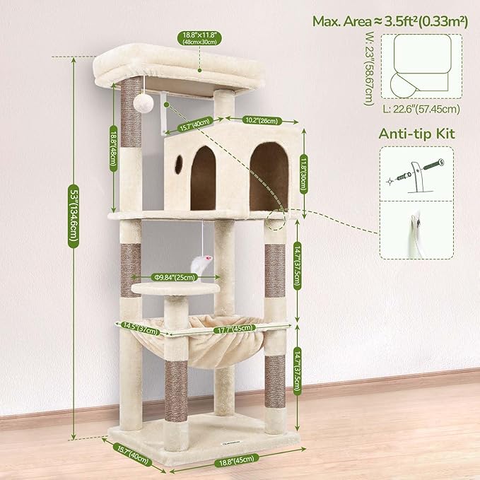 Globlazer Cat Tree Tower with Scratching Post for Indoor Cats, 53inch Tall Plush Multi-Level Cat Climbing Tower Condo House with Large Hammock, Spacious Cat Cave, Big Padded Top Perch Bed, F53, Beige
