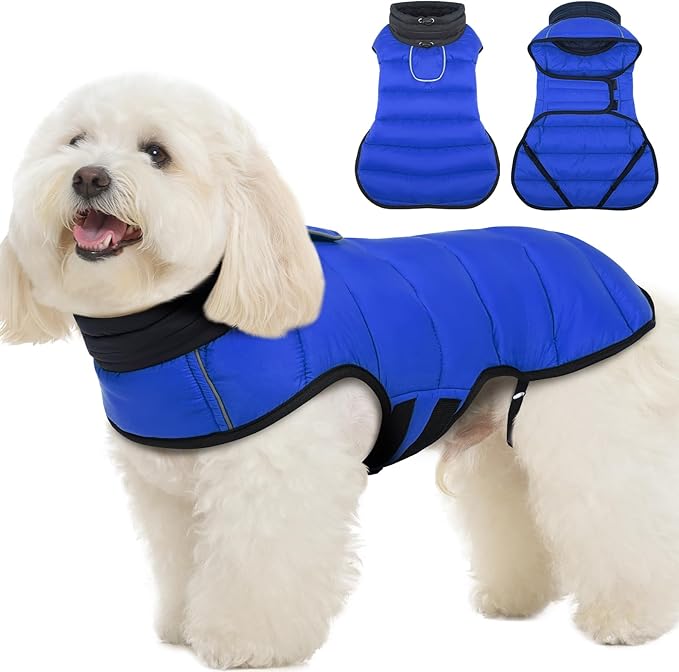 MIGOHI Lightweight Dog Puffer Jacket - Dog Winter Coat with Reflective Strips, Padded Vest with Harness Hole, Warm Snow Jacket Cold Weather, Easy On Hook & Loop Belly for Medium Dogs, Blue, M