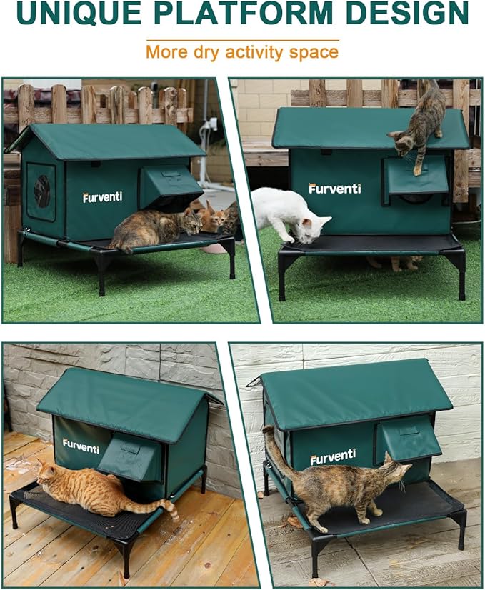 Heated Cat House for Outside,More Platform Space,Extremely Weatherproof & Insulated in Winter,Elevated Outdoor Cat Shelter with Eaves & Escape Door for Barn Feral Stray Cat(Dark Green,Large)