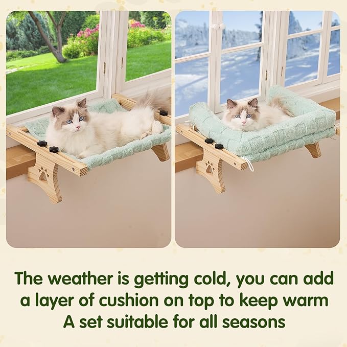 Cat Sill Window Perch Sturdy Hammock Window Seat with Cushion Bed Cover, Premium Wood & Metal Frame for Cats, Easy to Adjust Cat Bed for Windowsill, Bedside and Drawer (Blue-Green, 15)