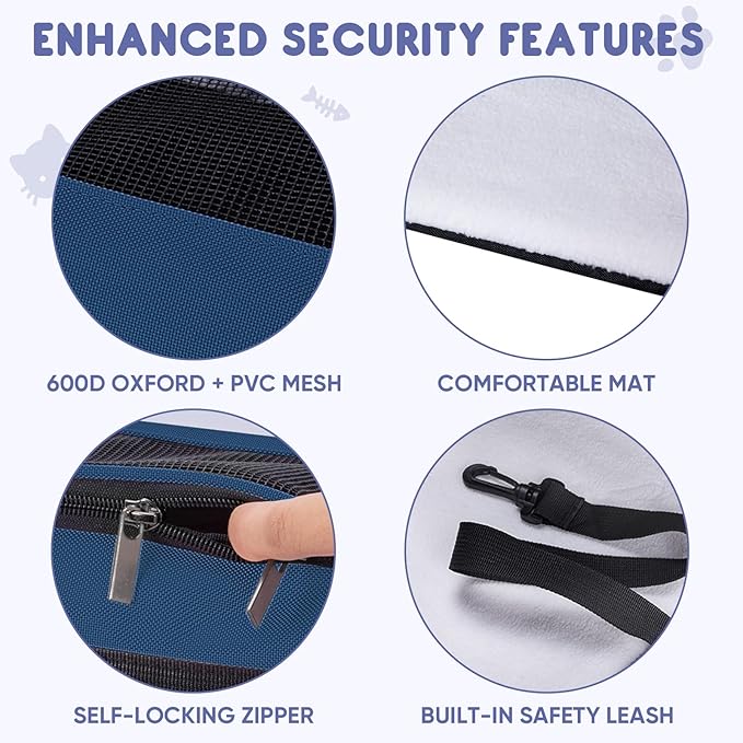 BALEINE Cat Carrier, Puppy Dog Carrier for Small Medium Pets Up to 15 Lbs, Soft-Sided Dog Travel Bag with Safety Zippers, Collapsible Pet Carrying Case (Blue, L, 17"x11"x11")