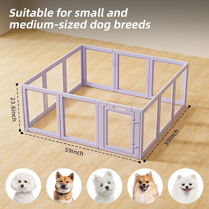 DIY Clear Acrylic Dog Playpen House,Quick Easy Assembly and Disassembly,Strong Floor Suction,Indoor and Outdoor Use,Easy Cleansing Puppy Fence (Purple, 23.6" H, 12PCS)