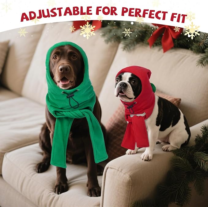 DENTRUN Dog Hood with Scarf - Warm Fleece Ear Cover for Medium Dogs, Adjustable Christmas Outfit with Pom Pom, Red (M:10-13" Head Girth)