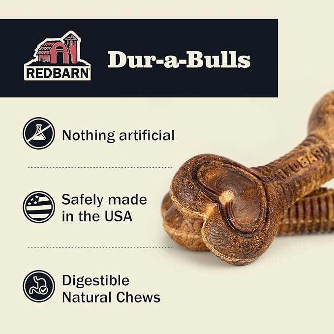 Redbarn Natural Dur-A-Bulls Treats for Dogs - 3 Large Bones - Hickory Flavor - Made in USA Long Lasting 100% Digestible No Artificial Ingredients or Plastic