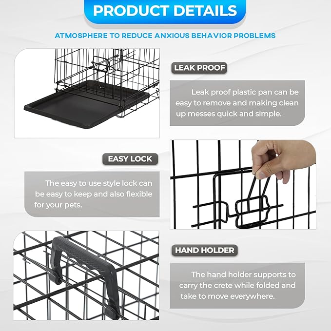 FDW Dog Crate for Small Dogs 18 Inch Folding Metal Wire Pet Cage Single Door W/Divider Panel Indoor Outdoor Kennel Leak-Proof Plastic Tray,Black