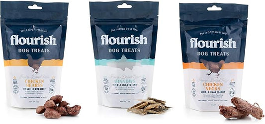 Flourish Pets Freeze Dried Raw Pet Treats for Dogs (Chicken Hearts, Minnows, and Chicken Necks, Variety Pack)