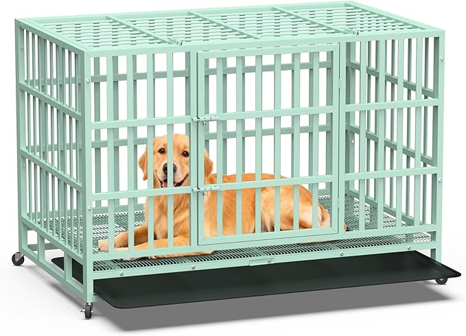 Heavy Duty Indestructible Dog Crate 48 Inch with Removable Tray, Sizes & Colors Optional, Escape Proof Double Door High Anxiety Cage Indoor, Kennel with Wheels for Large Dogs, XL XXL XXL
