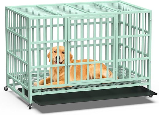 Heavy Duty Indestructible Dog Crate 48 Inch with Removable Tray, Sizes & Colors Optional, Escape Proof Double Door High Anxiety Cage Indoor, Kennel with Wheels for Large Dogs, XL XXL XXL