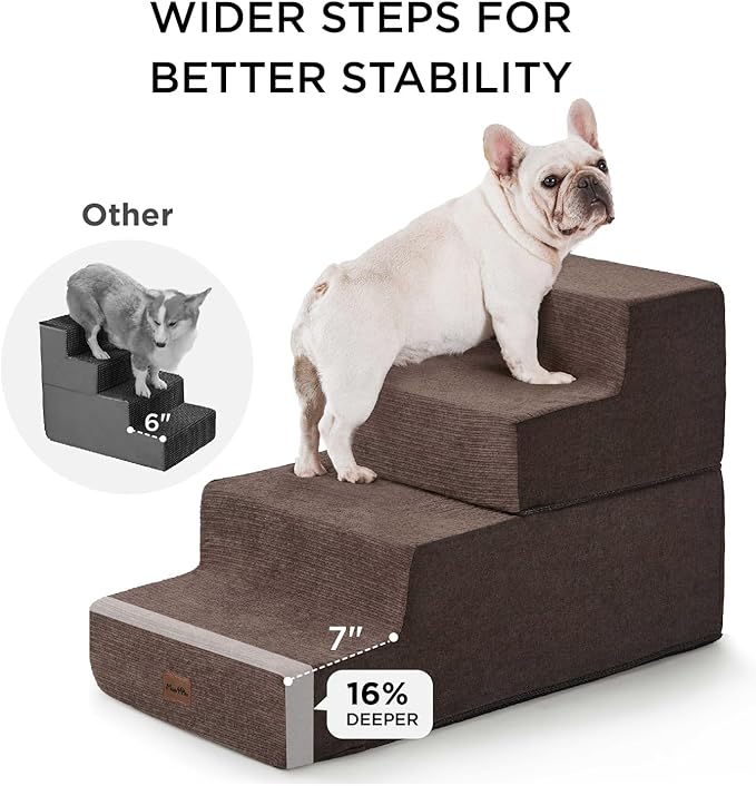 Made4Pets Dog Stairs for High Bed, Extra Wide Pet Stairs for Bed Couch Sofa, 35D Foam Pet Steps for Small Dogs and Cats(Up to 40lbs), Non-Slip Bottom Dog Steps, Brown, 5 Steps