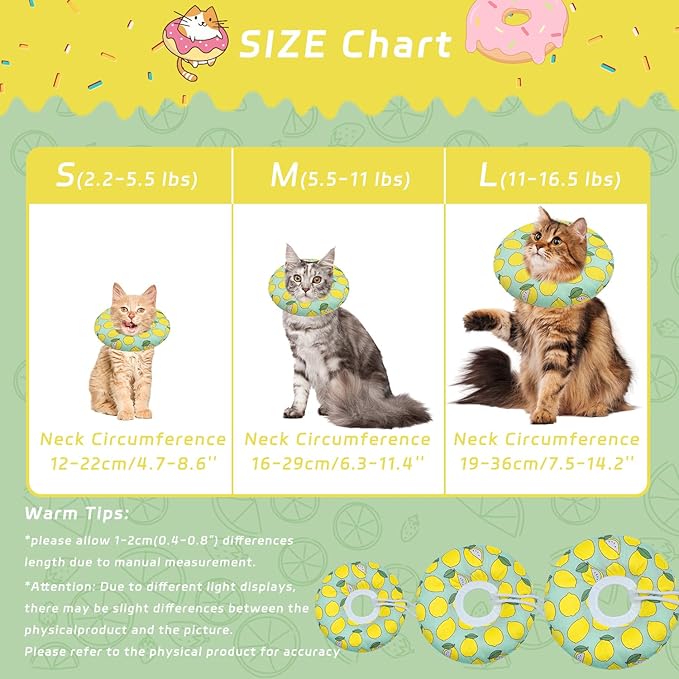 Cat Cone Collar Soft, Adjustable Cat Recovery Collars to Prevent Licking, Cute Donut E Collar After Surgery, Wound Healing Elizabethan Collar for Kittens(Green Lemon, Large)