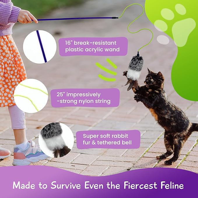 Interactive Cat Toy Wand with Feather and Bell- Vibrant Blue-Violet Wand Cat Toys for Indoor Cats- Feather String Toy for Cats and Kittens.