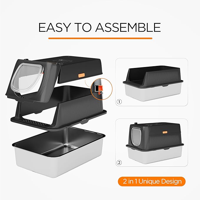 Citylife Stainless Steel Cat Litter Box with Lid，XL Extra Large Enclosed Removable Metal Litter Box with Litter Scoop&Double Layer Litter Mat,Non-Sticky，Non-Odor,Easy Cleaning, for Big Cats，Black