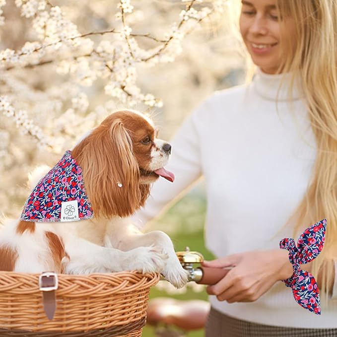 E-Clover Cute Girl Dog Bandanas & Matching Scrunchie Set Heart Dog Bandana Scarf with Bow Hair Ties for Small Puppy Dogs Pet Owner Mom Gifts Pink Floral