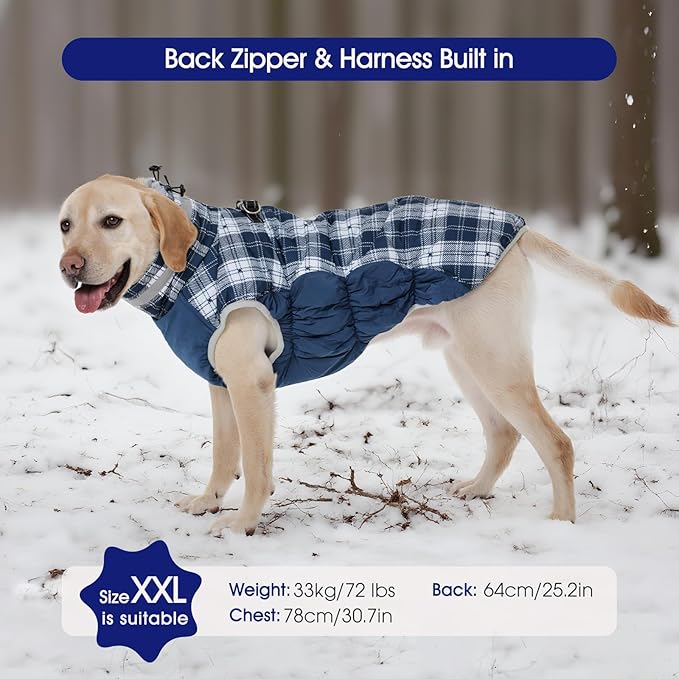 FUAMEY Dog Coat for Small Dogs,Waterproof Dog Winter Jacket with Harness Built in Puppy Cold Weather Coats Reflective Pet Vest with Zipper Warm Fleece Dogs Snowsuit Windproof Blue Plaid XS
