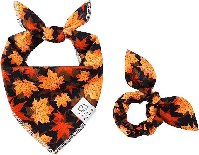 E-Clover Fall Dog Bandana & Scrunchie Set - Thanksgiving Pet Scarf Kerchief Bibs for Medium Large Dogs - Maple Leaves