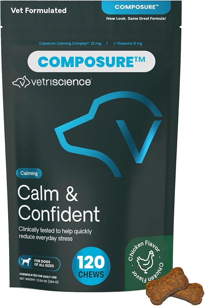 VetriScience Calm & Confident Chews, Composure Clinically Tested Calming Supplement for Dogs, Reduce Stress & Fear, Ideal for Thunderstorms, Fireworks & Travel, Chicken, 120 Count - New Look