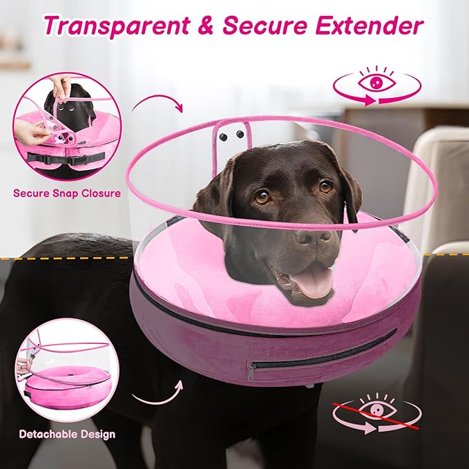 BARKLESS Inflatable Dog Cone, Protective Dog Surgery Collar to Stop Licking Biting Wounds, Patented Soft Donut Cone with Clear Shield, Adjustable Blow-up Collar for Surgery Recovery (Pink, XL)