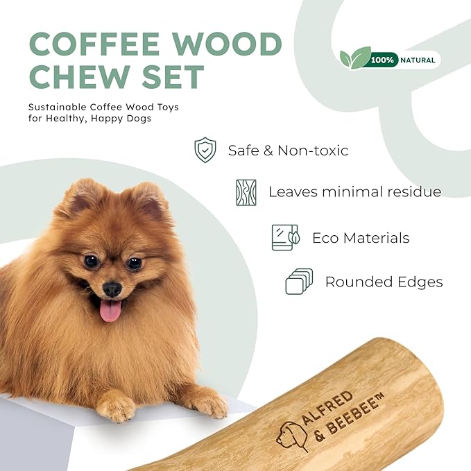 Alfred & Beebee Eco-Friendly Natural Coffee Wood Dog Chew Toy 4 Pack - for Regular Chewers - Dog Dental Chew - Small Medium - Coconut Ball, Rope Stick S - M