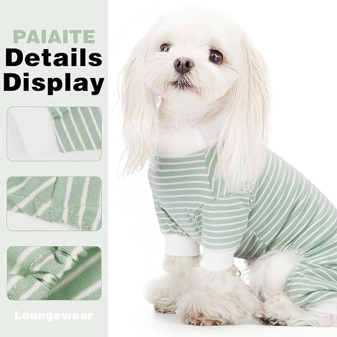 Paiaite Green Striped Dog Pajamas: 4-Legged Cotton Stretchable Jumpsuit Pjs - Lightweight Cozy Puppy Onesie Clothes, Comfortable Pet Sleepwear for Hair Shedding Coverage 2XL
