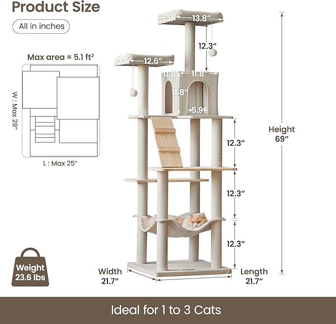 MWPO Large Modern Cat Tree, 70.1-Inch Wood Cat Tower for Indoor Cats, Multi-Level Tall Cat Condo with 2 Padded Perches, Hammock, Scratching Posts, Dangling Toys, Beige