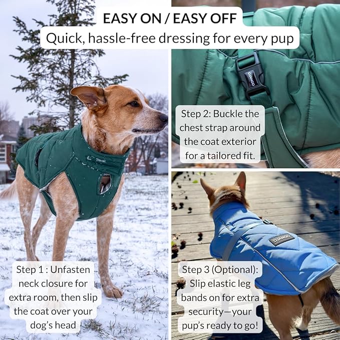 DJANGO Insulated Puffer Dog Jacket with Harness Hole – Warm, Water-Repellent Winter Dog Coat Large Dogs – Adjustable, Reflective Cold Weather Dog Apparel for Fall and Snow – Lafayette Green, X-Large
