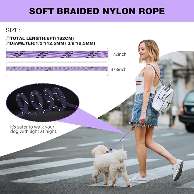 lynxking Slip Lead Dog Leash Reflective, Heavy Duty Comfortable Strong Rope for Large Medium Small Dogs No Pull Pet Training (Light Purple, 2PCS Large 1/2in x 6ft)