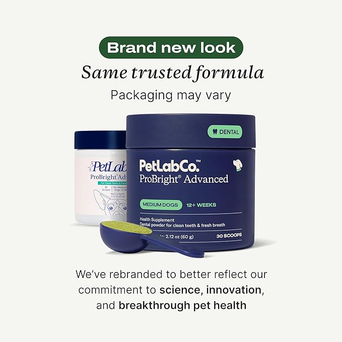 PetLab Co. ProBright Advanced Dental Powder - Dog Breath Freshener - Teeth Cleaning Made Easy – Targets Tartar & Bad Breath - Packaging May Vary - Formulated for Medium Size Dogs