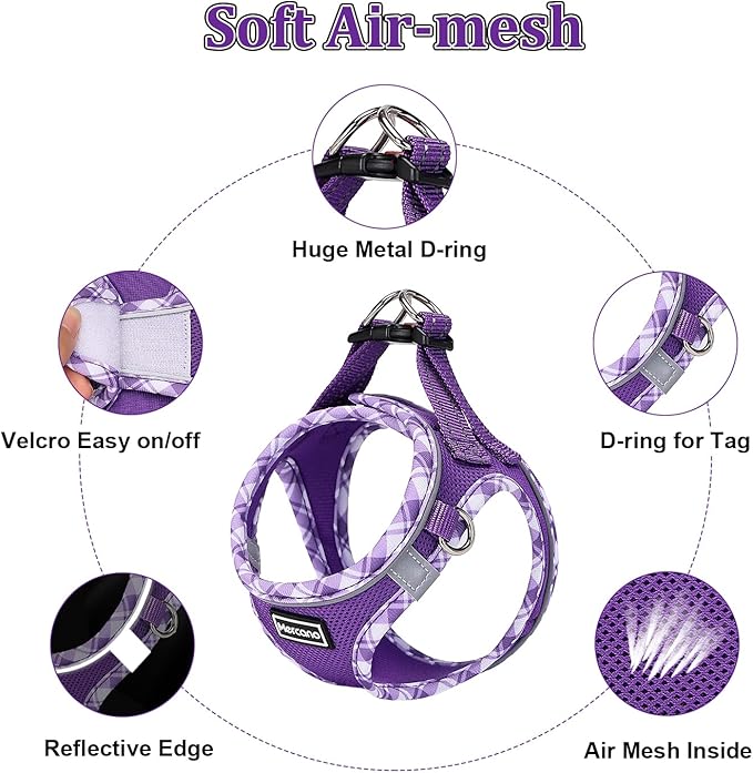 Mercano Soft Mesh Dog Harness and Leash Set, No-Chock Step-in Reflective Breathable Lightweight Easy Walk Vest Harnesses with Safety Buckle for Small Dogs, Cats (L, Purple)