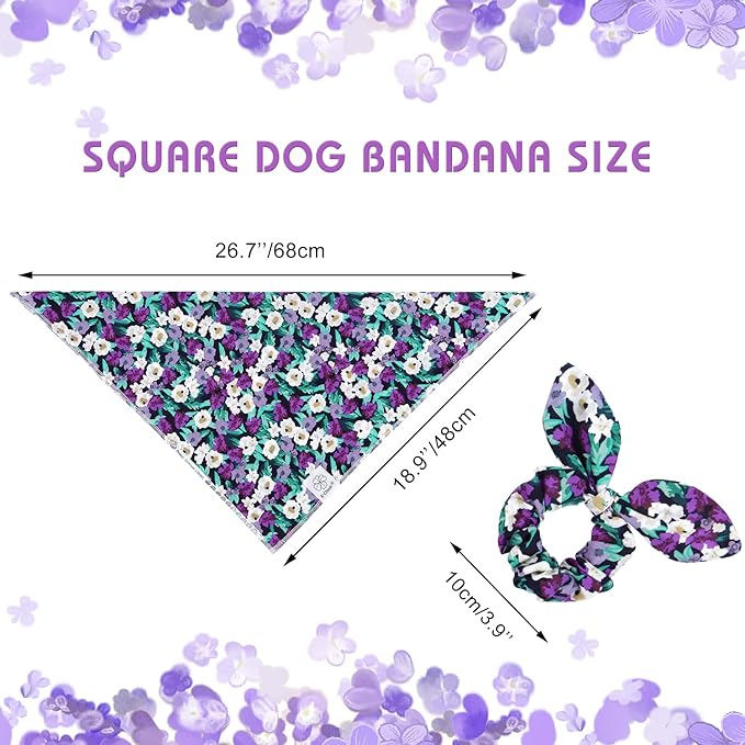 E-Clover Dog Bandanas & Matching Scrunchie Set Dog Bandana Scarf Bibs Washable Kerchief for Medium Large Dogs & Pet Owner Purple Halloween Accessories